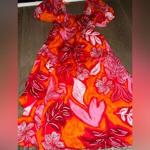 Vibrant Floral Red and Orange Dress